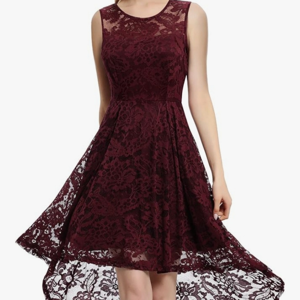 Maudress Elegant Floral Lace Crew Neck Hi-Lo Cocktail Dress. Maroon. NEVER WORN!